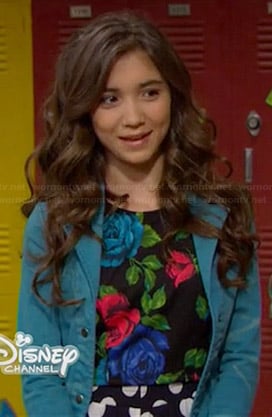 Riley's rose print crop top, polka dot pants and turquoise blue jacket on Girl Meets World