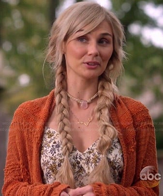 Scarlett's orange textured cardigan and floral cami dress on Nashville