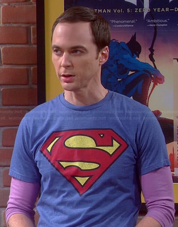 Sheldon's blue Superman tee on The Big Bang Theory