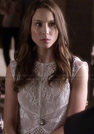 Spencer's white mesh and lace top on Pretty Little Liars
