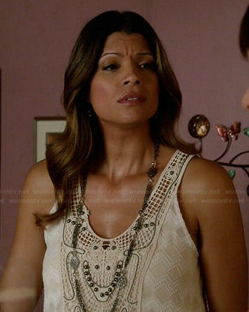 Xiomara's white crochet and beaded tank top on Jane the Virgin