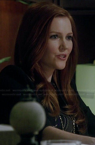Abby's diagonal patterned dress and contrast trim jacket on Scandal