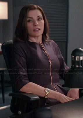 Alicia's purple zip front peplum jacket on The Good Wife
