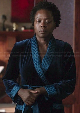 Annalise's blue velvet robe with quilted trim on How to Get Away with Murder