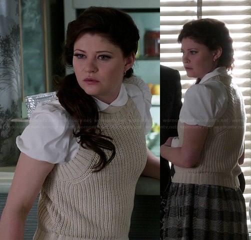 Belle's beige sleeveless turtleneck sweater and white peter pan collar shirt and grey checked skirt on Once Upon a Time