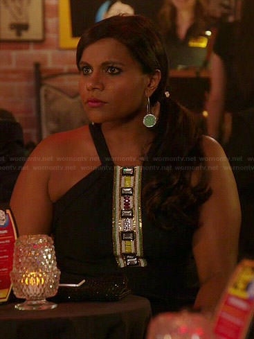 Mindy's black jewel embellished dress and green circle earrings on The Mindy Project