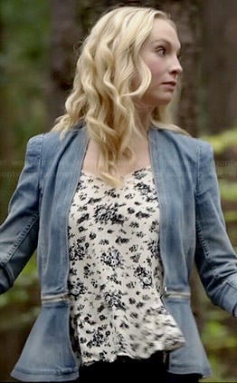 Caroline's denim peplum jacket and floral cami on The Vampire Diaries