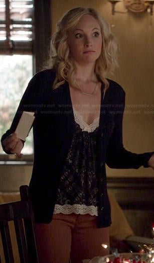 Caroline's navy lace trim cami on The Vampire Diaries