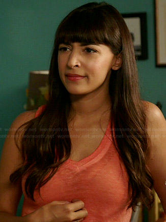 Cece's orange v-neck tank top on New Girl