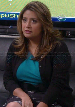 Cristela's black embellished cardigan with mesh sleeves on Cristela