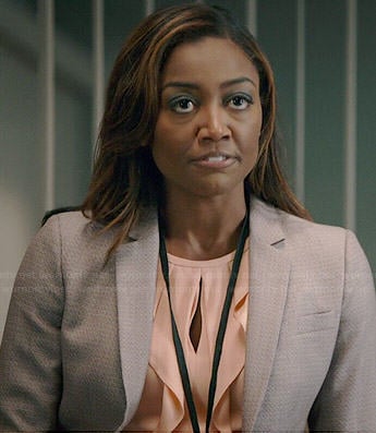 Daisy's peach ruffled dress on Madam Secretary