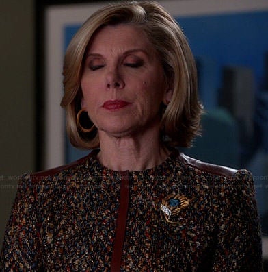 Diane's tweed jacket with brown leather trim on The Good Wife