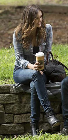 Elena's plaid shirt with jeans and black ankle boots on The Vampire Diaries
