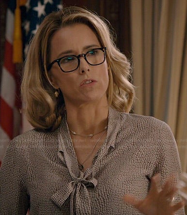 Elizabeth's printed neck tie blouse on Madam Secretary