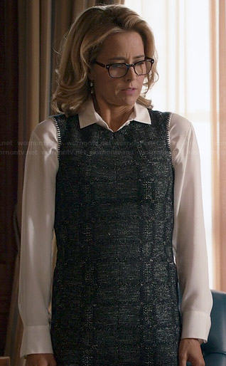 Elizabeth's tweed pencil dress with contrast stitching on Madam Secretary