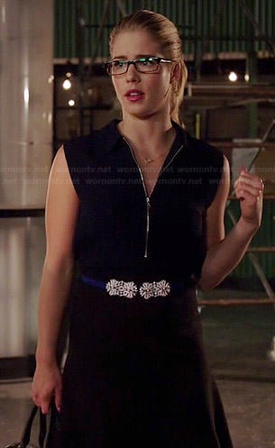 Felicity's navy zip neck dress and blue flower belt on Arrow