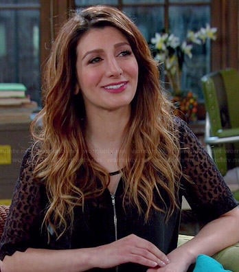 Jane's black lace sleeve top with zip-front on Mulaney