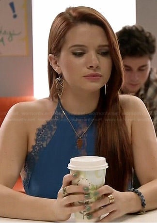 Karma's blue lace trimmed halterneck dress on Faking It