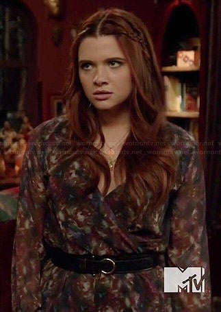 Karma's printed romper and burgundy suede ankle boots on Faking It