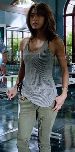 Kono's grey mesh knit tank top and green zip pocket pants on Hawaii Five-O