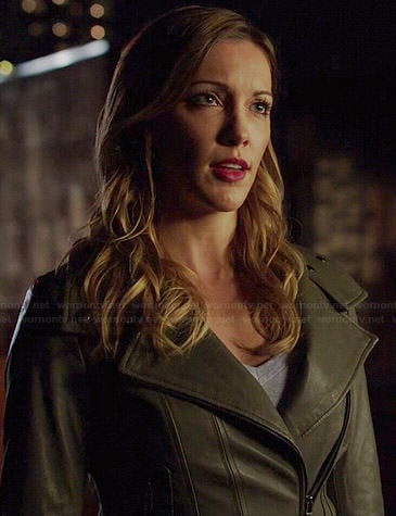 Laurel's khaki green leather jacket on Arrow