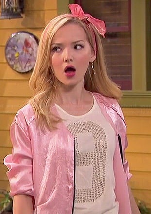 Liv's pink satin bomber jacket and '9' top on Liv and Maddie