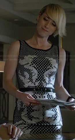 Margaux's black and white baroque print dress on Revenge