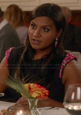 Mindy's black dress with pink beaded sleeves on The Mindy Project