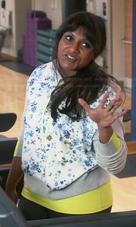 Mindy's grey floral hoodie with neon yellow cord on The Mindy Project