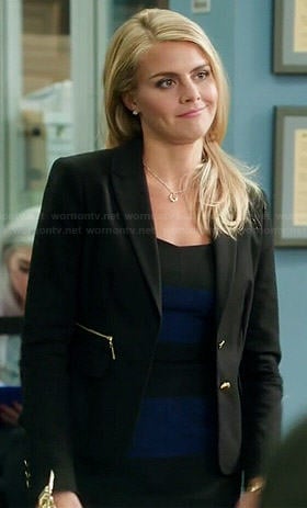 Nina's navy blue and black striped dress and zip pocket blazer on Benched