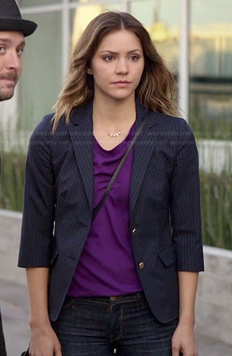 Paige's pinstriped blazer and purple top on Scorpion