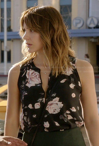 Paige's black rose print sleeveless top on Scorpion