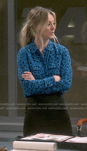 Penny's turquoise blue leopard print blouse on The Big Bang Theory