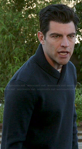 Schmidt's navy blue shawl collar sweater on New Girl