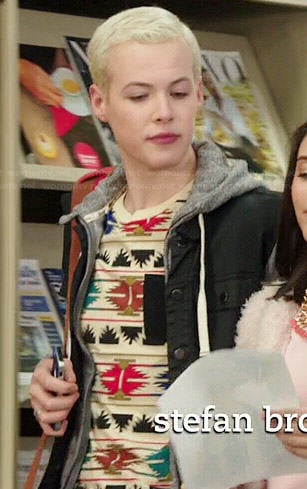 Tristan's geometric printed tee with black pocket on Degrassi