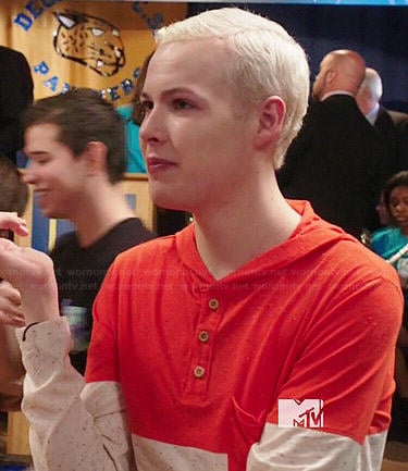 Tristan's orange and beige colorblock hooded henley tee on Degrassi