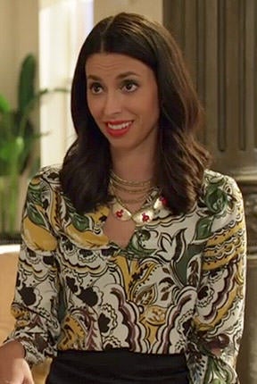 Amy's yellow and green paisley printed blouse on Manhattan Love Story