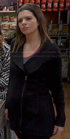 Annie's black ribbed collar jacket on Marry Me