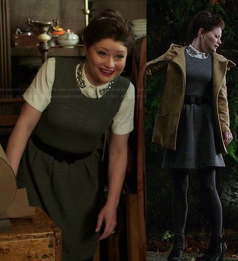 Belle's white embellished collar top and grey quilted dress on Once Upon a Time