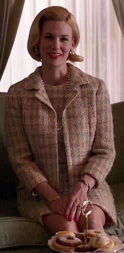 Betty's pastel tweed dress and jacket set on Mad Men