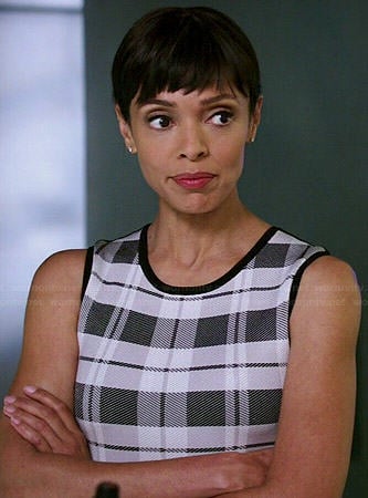 Camille's black and white plaid front dress on Bones