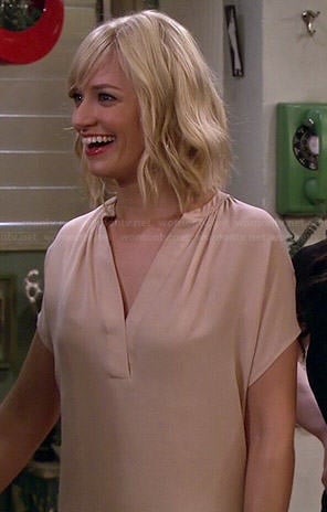 Caroline's beige split neck top on 2 Broke Girls
