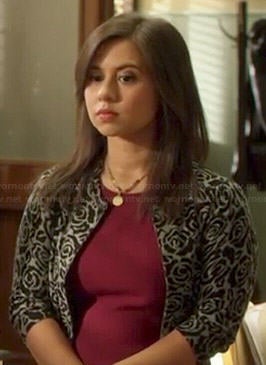 Chloe's rose print cardigan on Manhattan Love Story