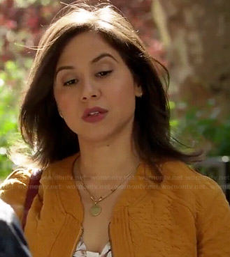 Chloe's yellow textured bomber jacket on Manhattan Love Story