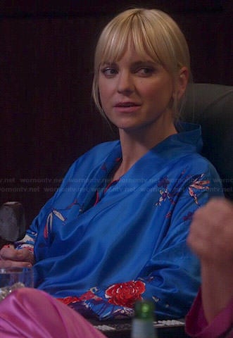 Christy's blue floral pajamas and robe on Mom