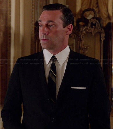 Don's black suit with diagonal striped tie on Mad Men