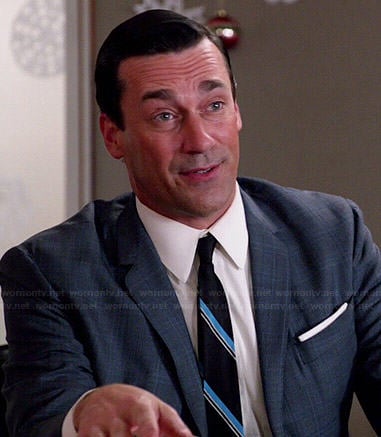 Don's grey suit with diagonal striped tie on Mad Men