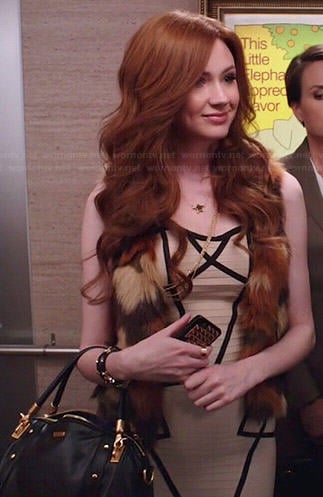Eliza's nude bandage dress with black trim and fur vest on Selfie