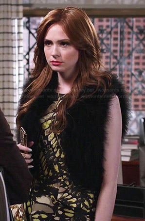 Eliza's black and yellow butterfly wing print dress and black fur vest on Selfie
