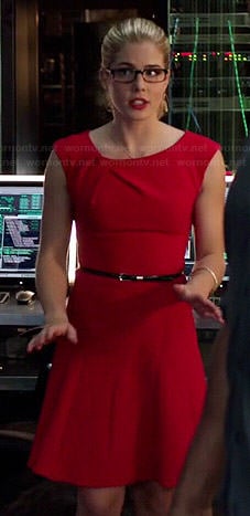 Felicity's red pleated neck dress on Arrow